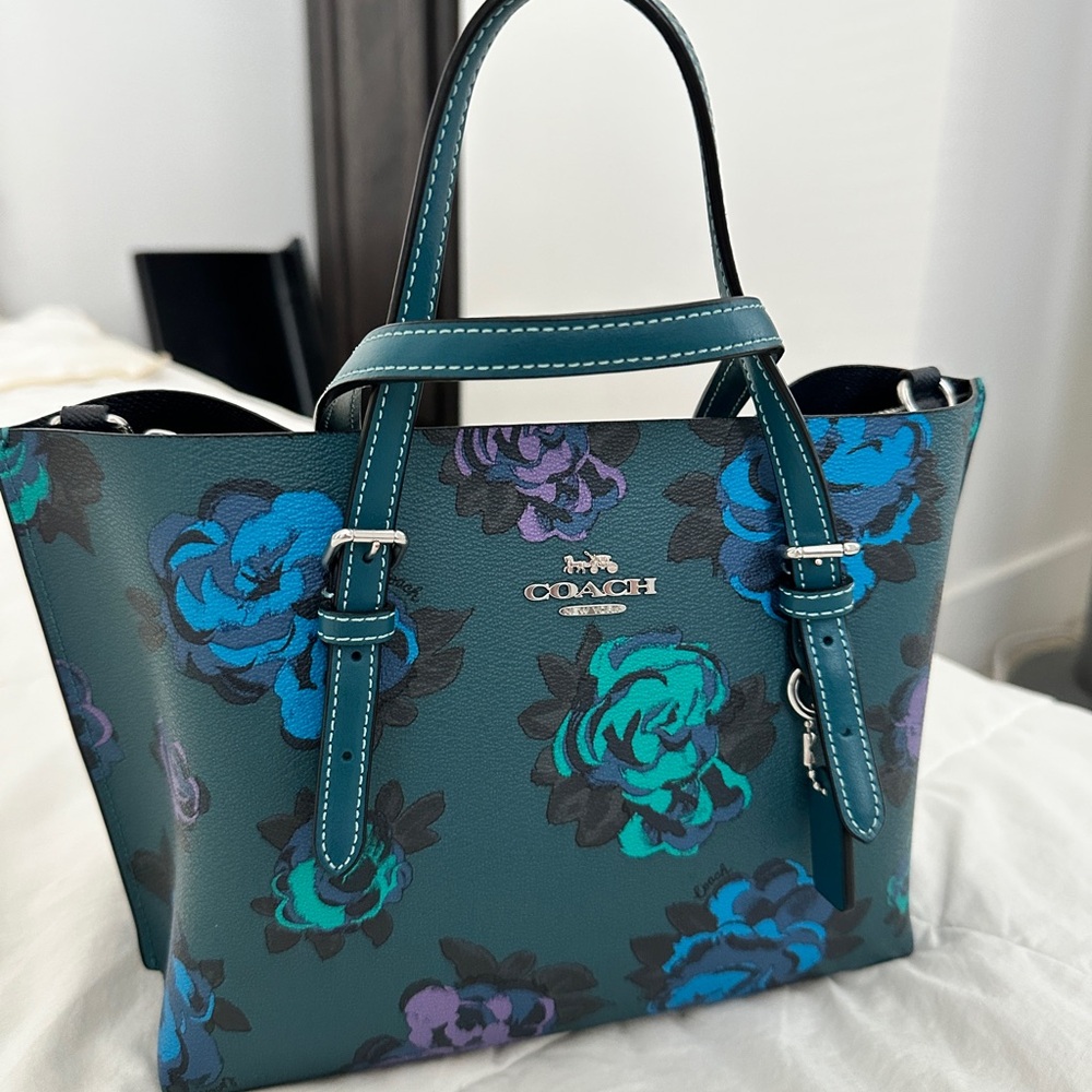 Coach Teal Floral Mini Tote with Blue and Purple Roses